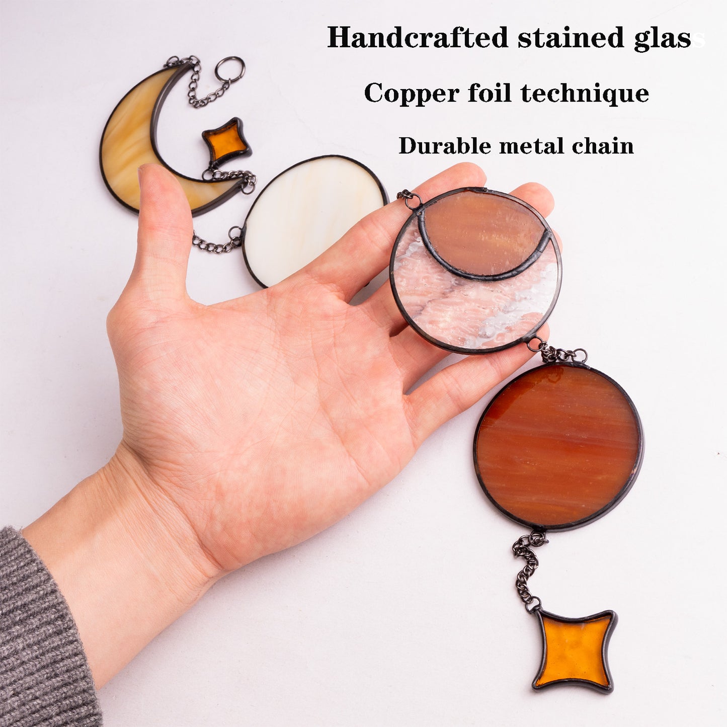 Amber Yellow Stained Glass Sun and Moon Suncatcher