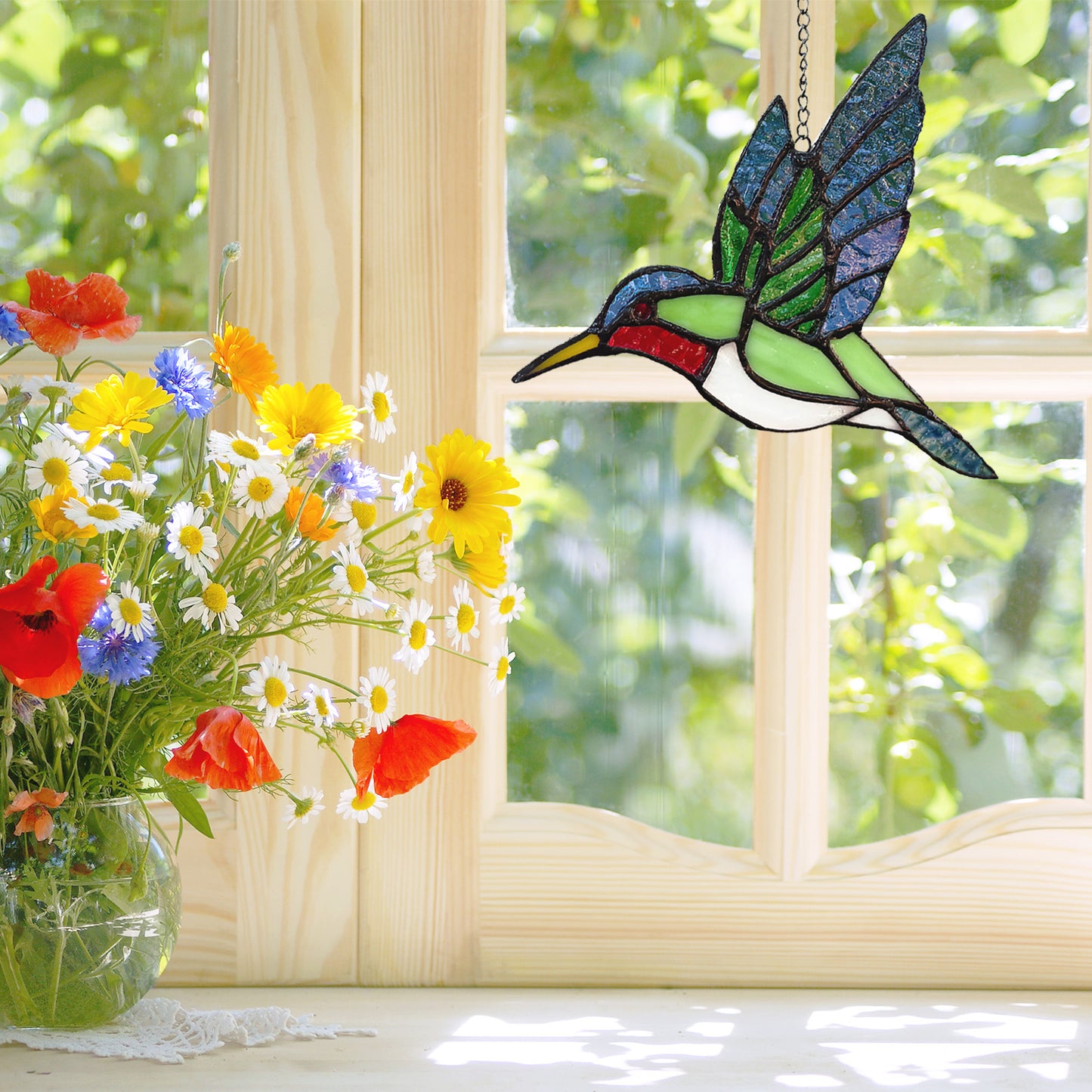 Blue & Green Hummingbird Stained Glass Suncatcher Window Hanging