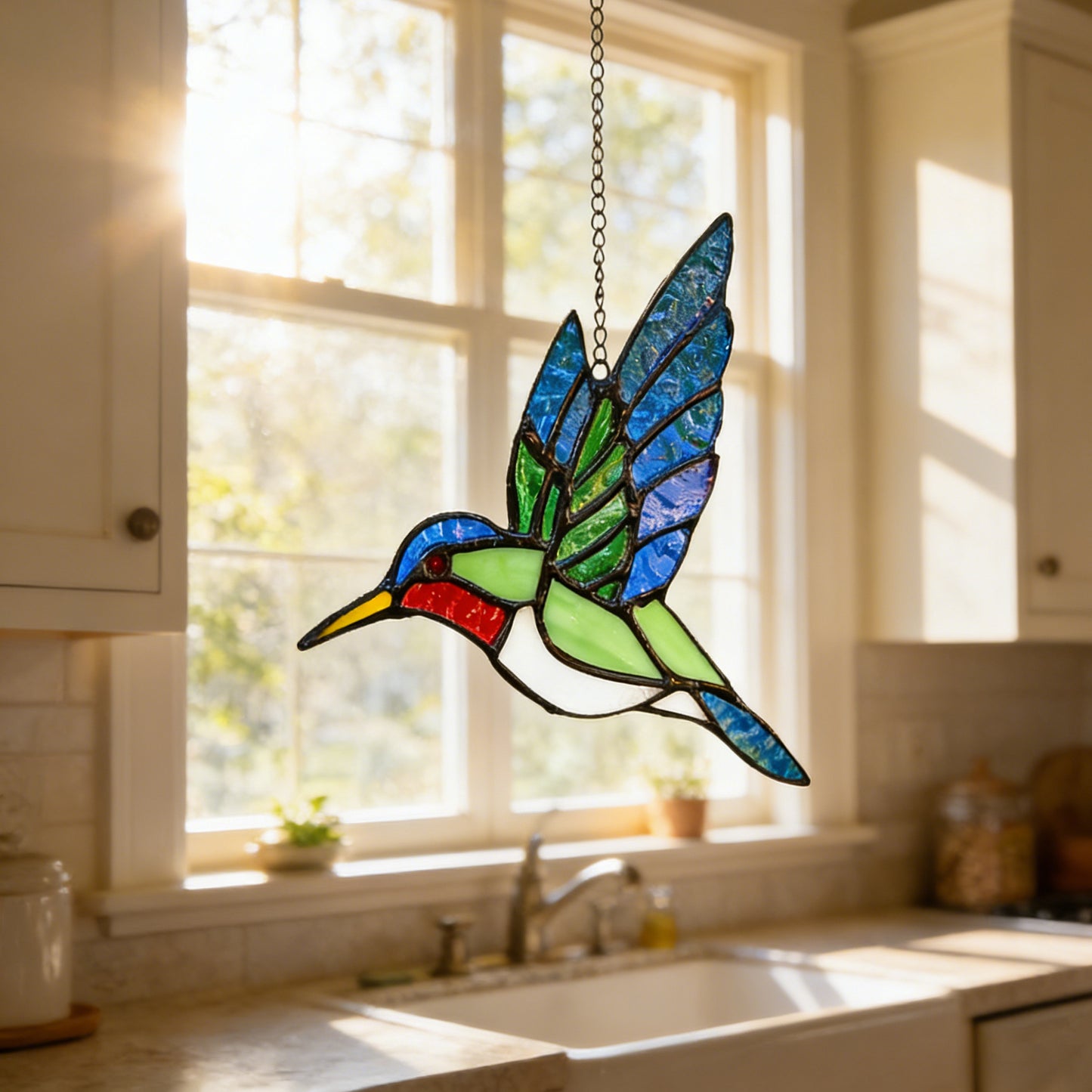 Blue & Green Hummingbird Stained Glass Suncatcher Window Hanging