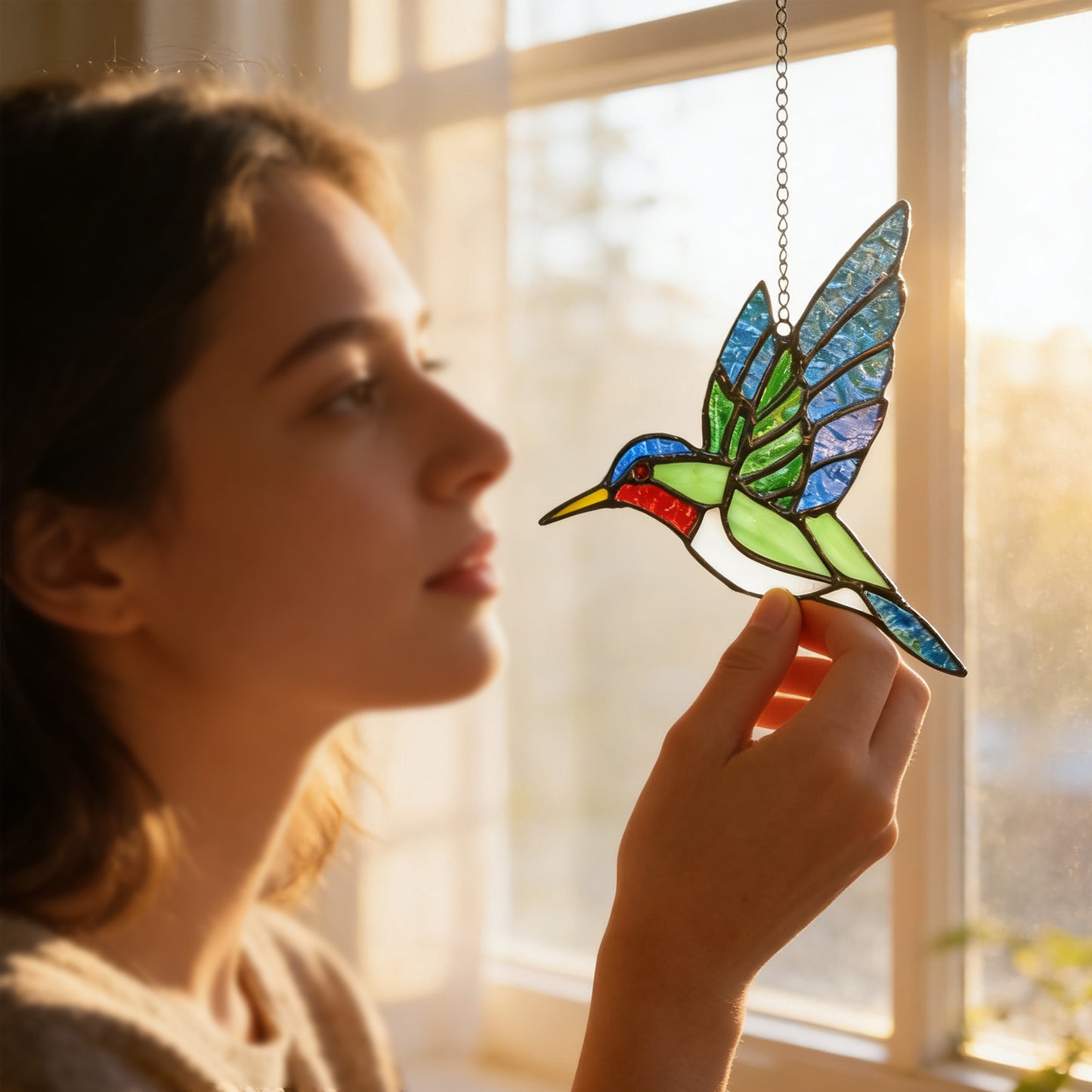 Blue & Green Hummingbird Stained Glass Suncatcher Window Hanging