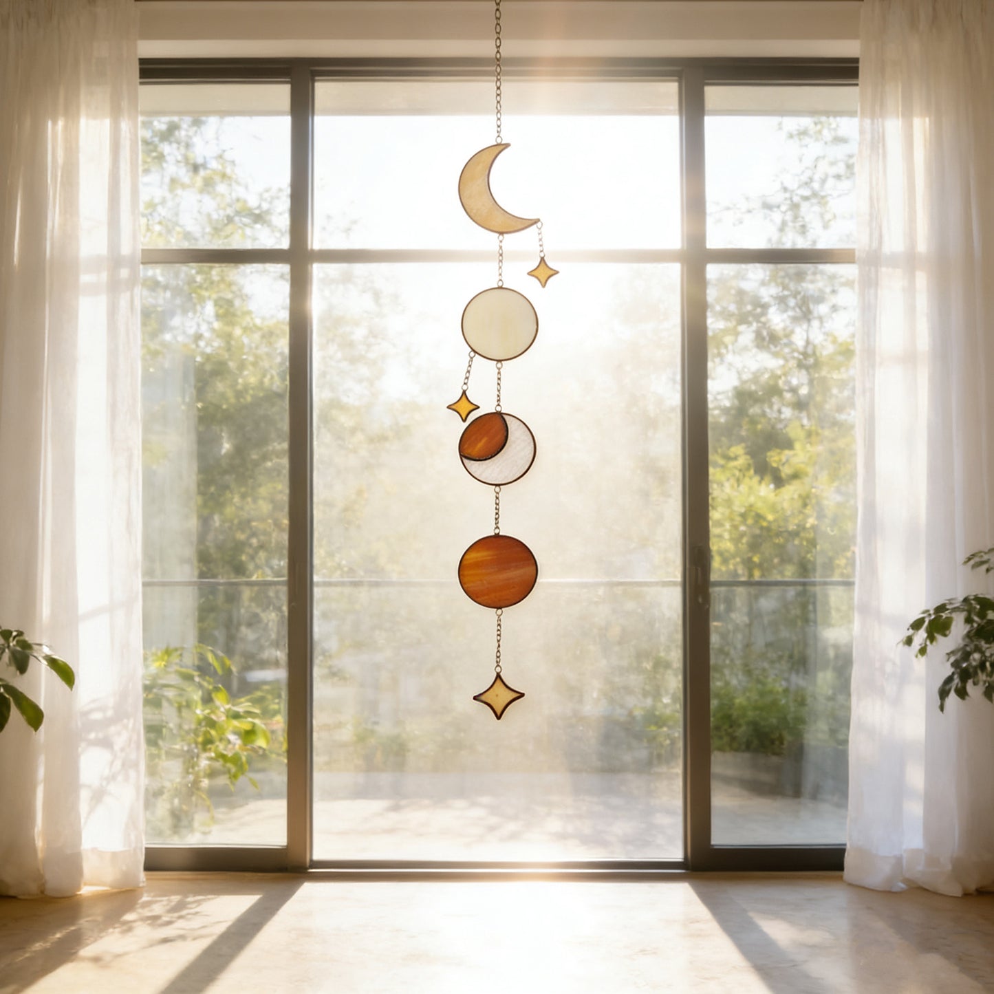 Amber Yellow Stained Glass Sun and Moon Suncatcher