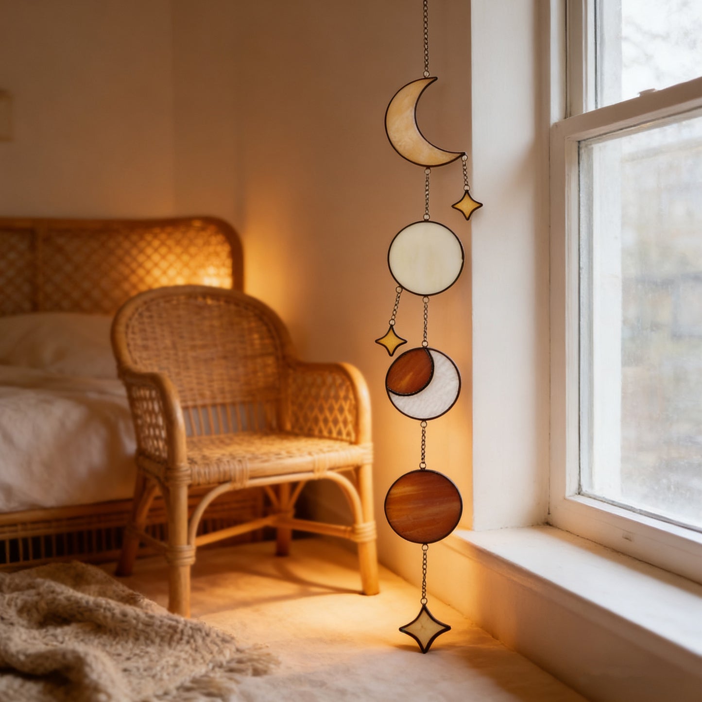 Amber Yellow Stained Glass Sun and Moon Suncatcher
