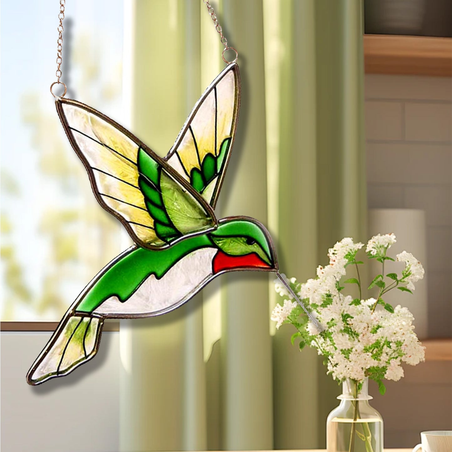 Green Hummingbird Stained Glass Suncatcher