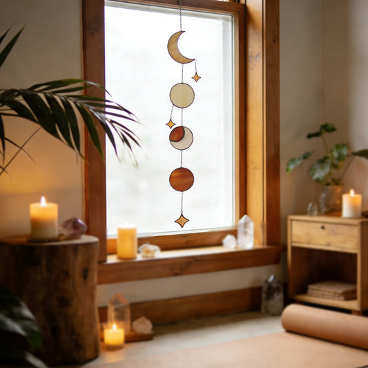 Amber Yellow Stained Glass Sun and Moon Suncatcher