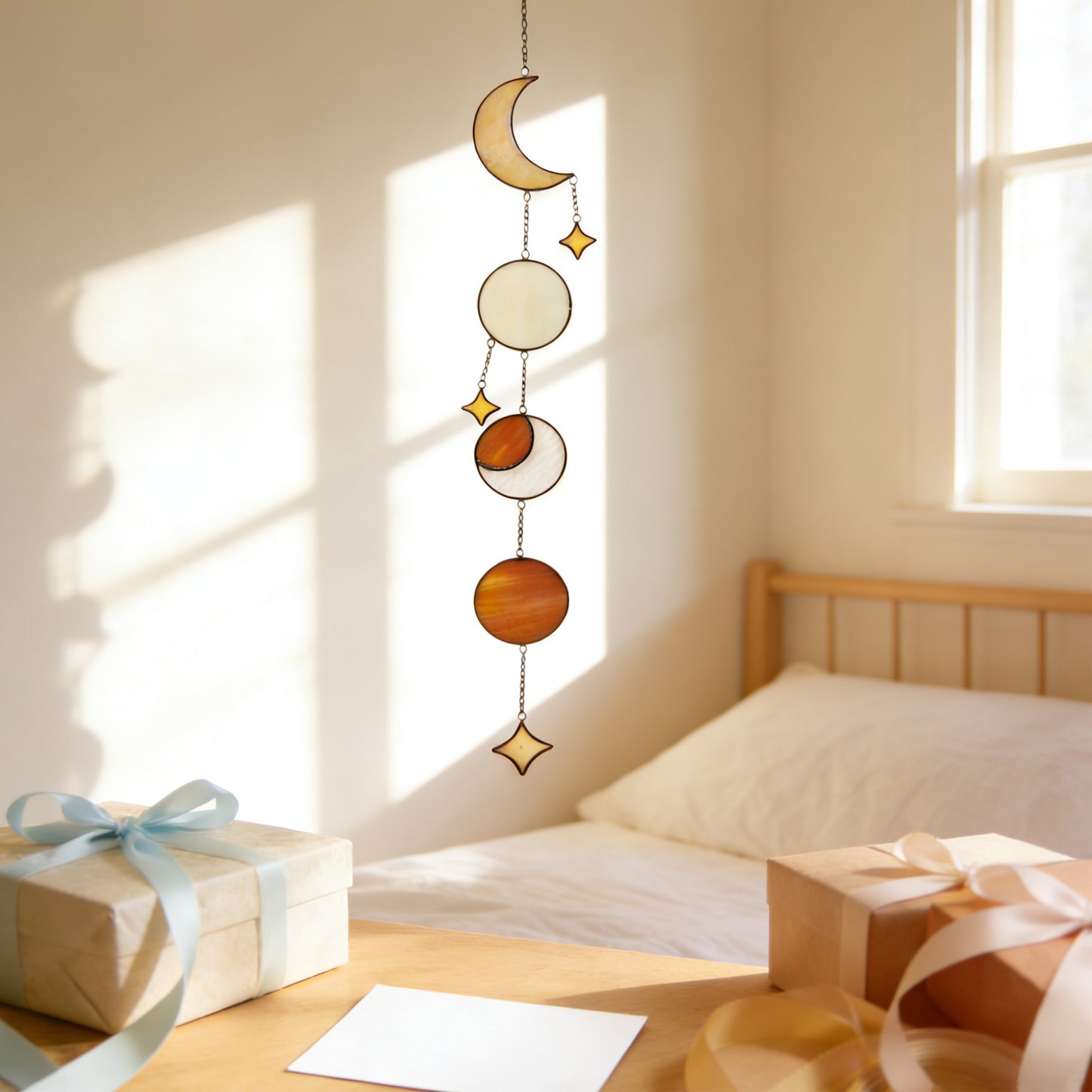 Amber Yellow Stained Glass Sun and Moon Suncatcher
